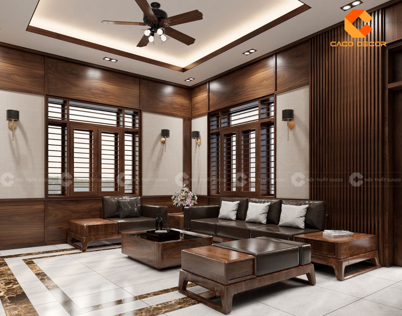 Mẫu bàn trà tiếp khách gỗ sồi kết hợp với da cao cấp