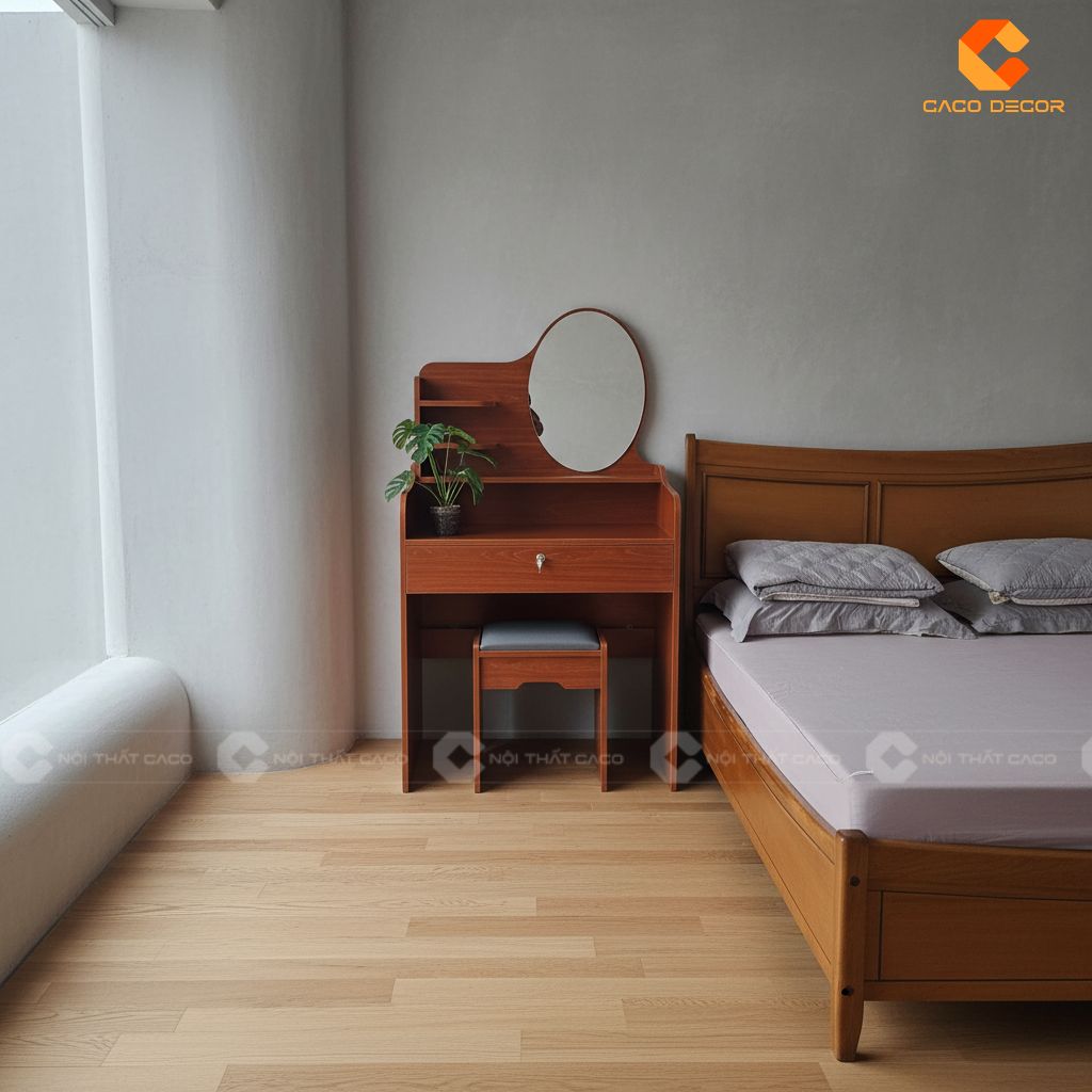 Bàn trang điểm thiết kế 3D với vân màu gỗ ấm
