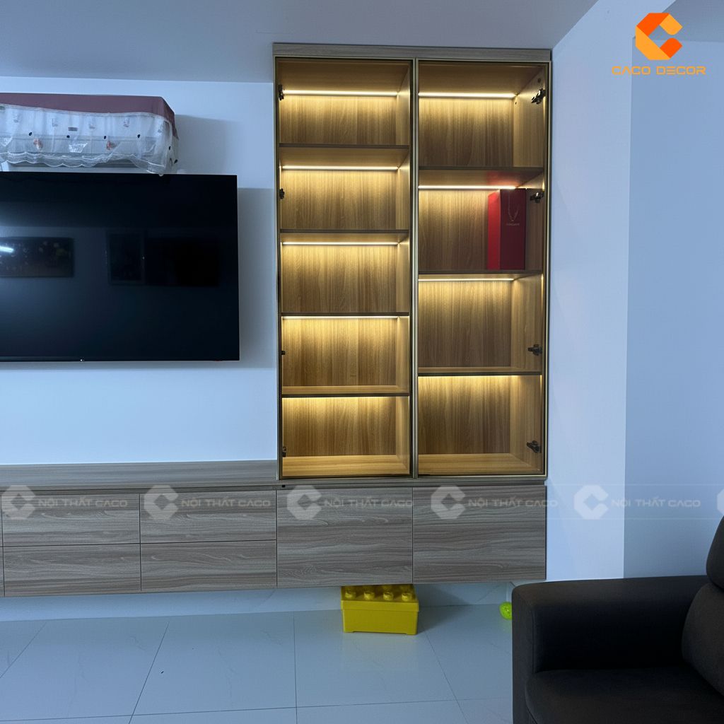 Tủ kệ tivi kết hợp hệ tủ trang trí cánh kính 