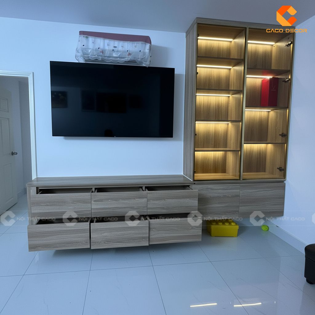 Hình ảnh kệ tivi treo tường tích hợp hệ ngăn kéo tiện lợi