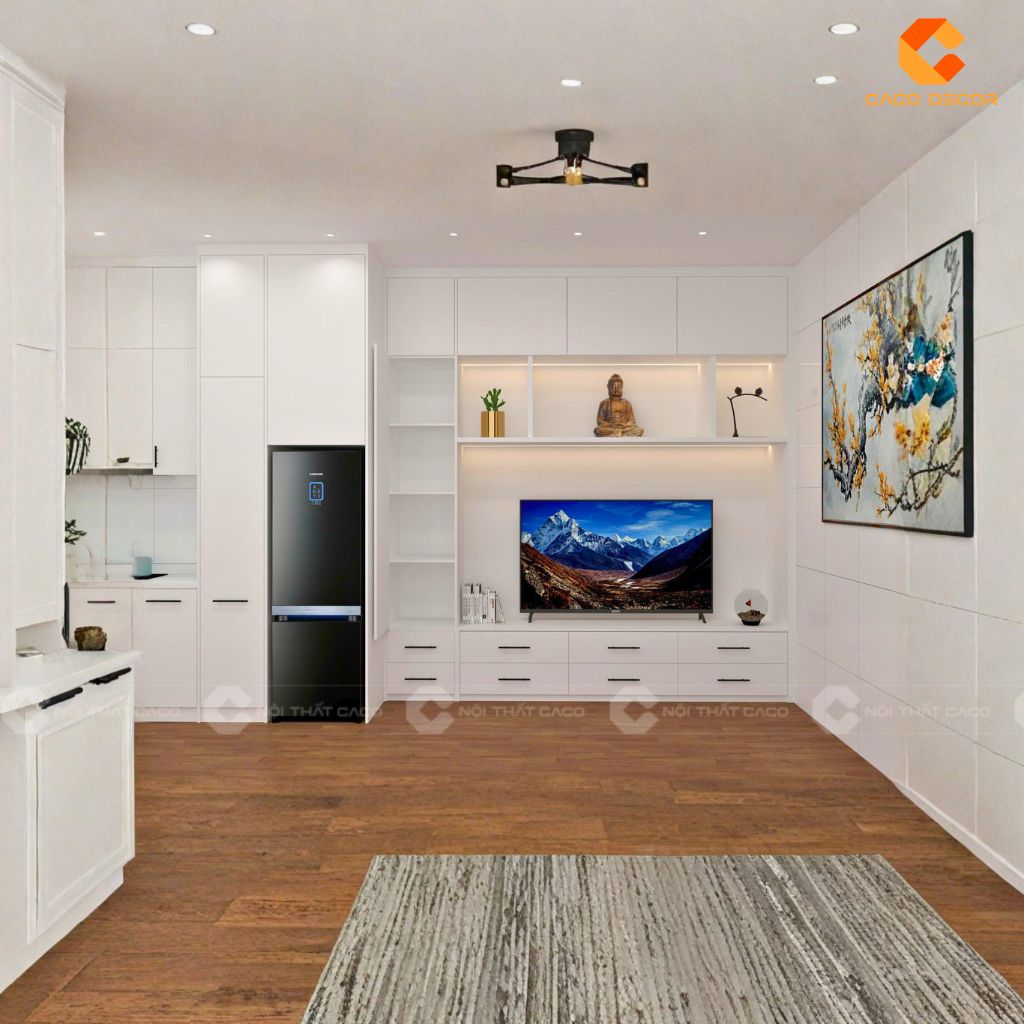 Hình ảnh 3D bàn giao tủ bếp kết hợp với kệ tivi cho chị Thy Vĩnh Long
