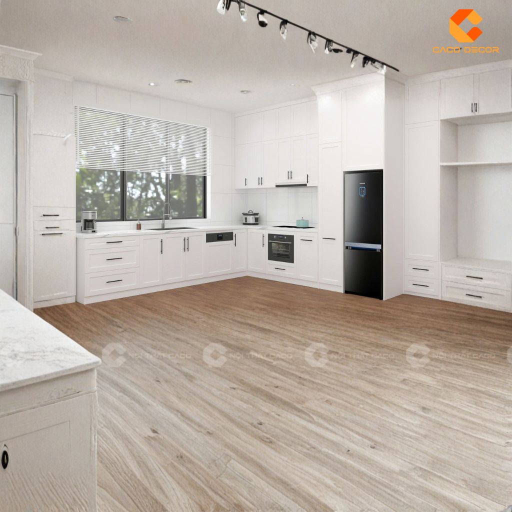 Hình ảnh 3D bàn giao tủ bếp kết hợp với kệ tivi cho chị Thy Vĩnh Long cao cấp