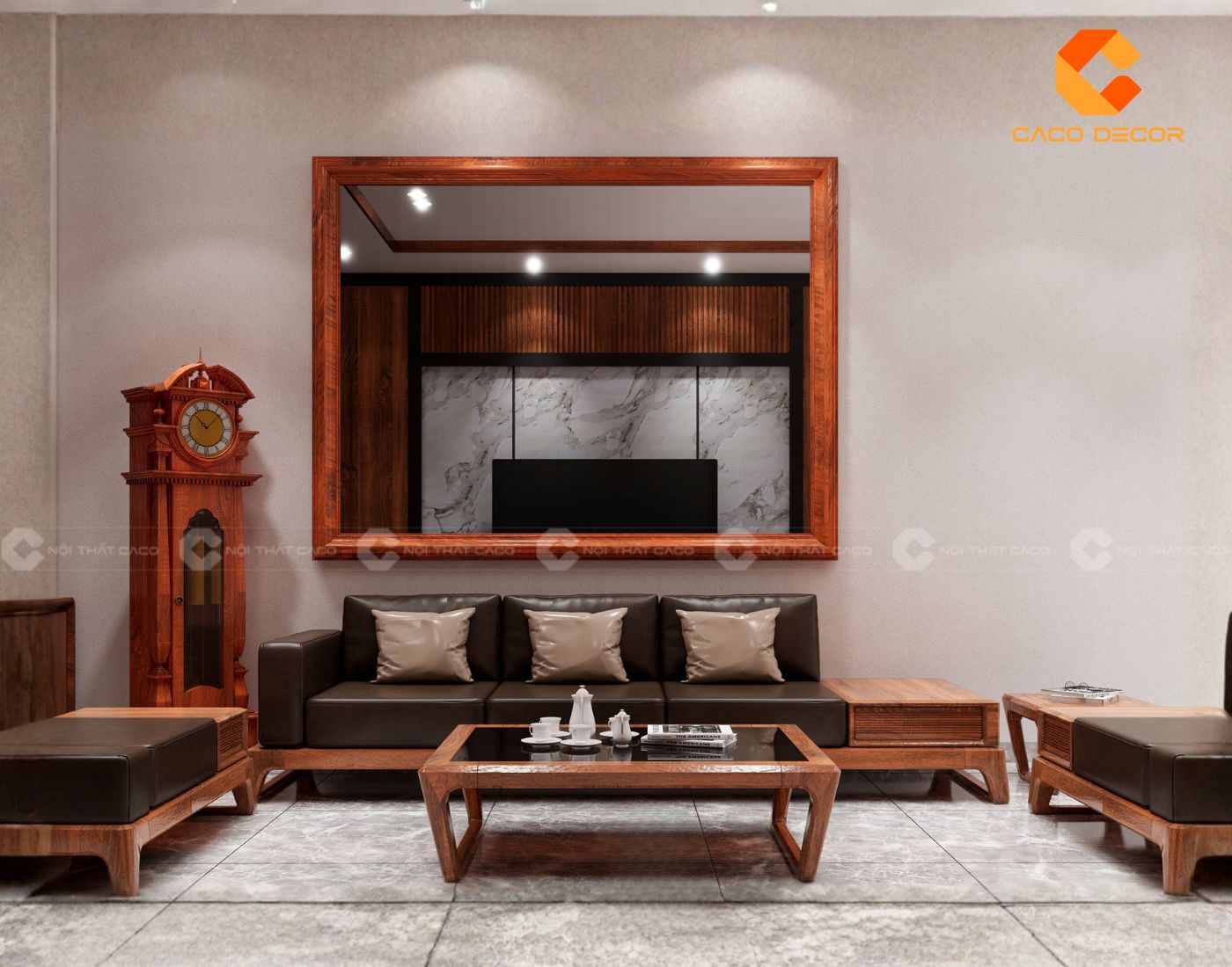 Mẫu bàn trà phòng khách gỗ kết hợp với da bò tiện lợi