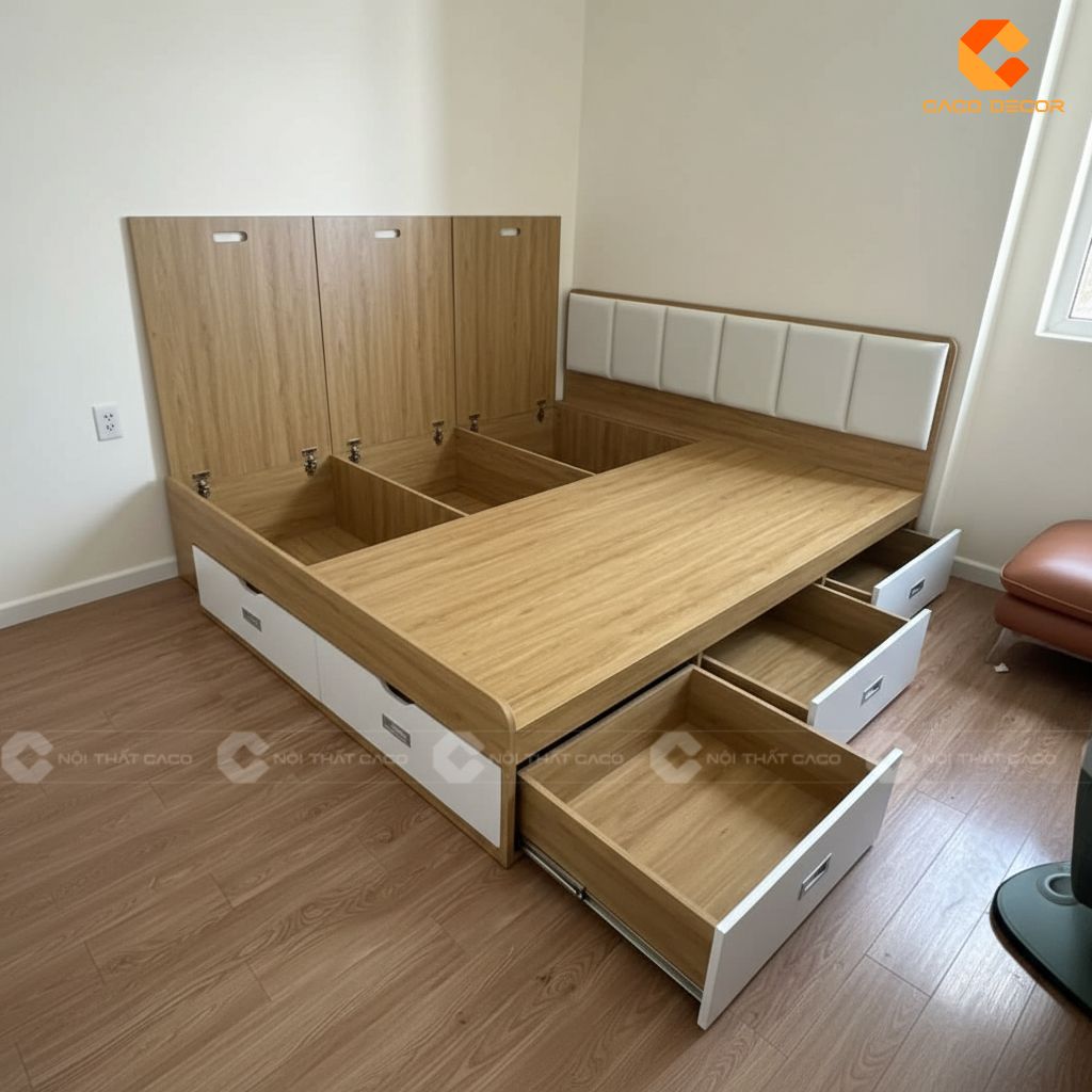 Giường ngủ tích hợp nhiều hệ thống lưu trữ tiện lợi