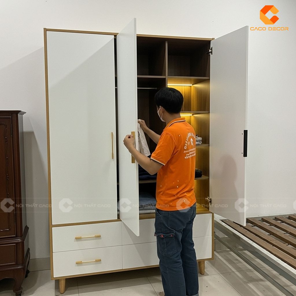 Tủ quần áo được thi công bằng chất liệu gỗ công nghiệp cao cấp