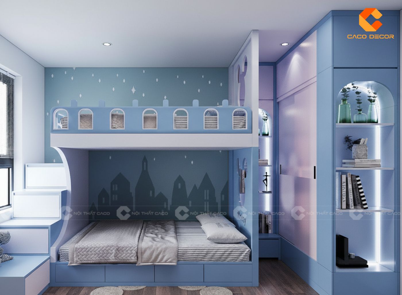 Không gian nội thất trẻ em màu xanh lam 