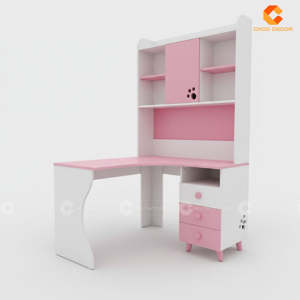 Mẫu bàn học 3D bàn giao cho khách hàng màu hồng trắng