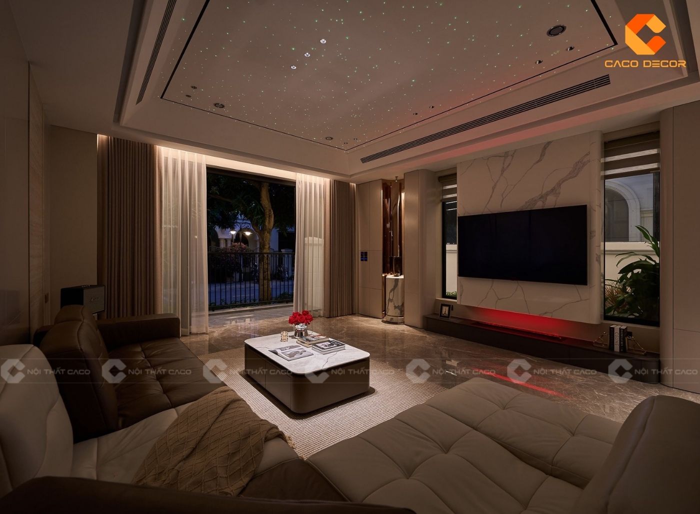 Thiết kế phòng khách cho biệt thự phối gam trắng hiện đại