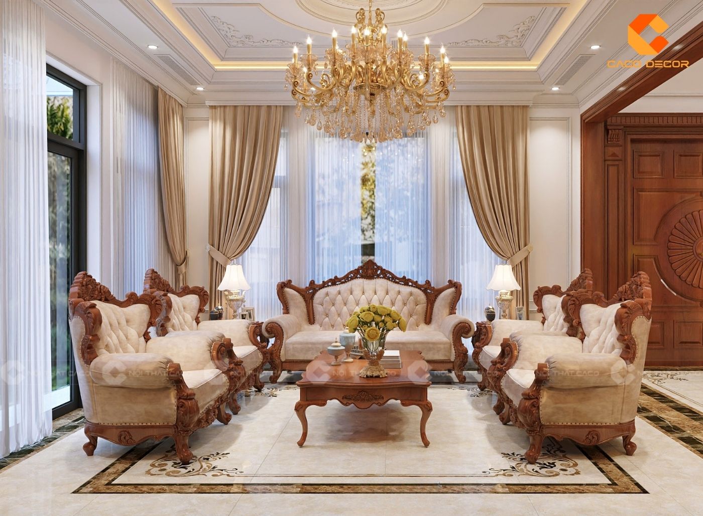 Thiết kế nội thất phòng khách biệt thự đồng bộ không gian màu sắc