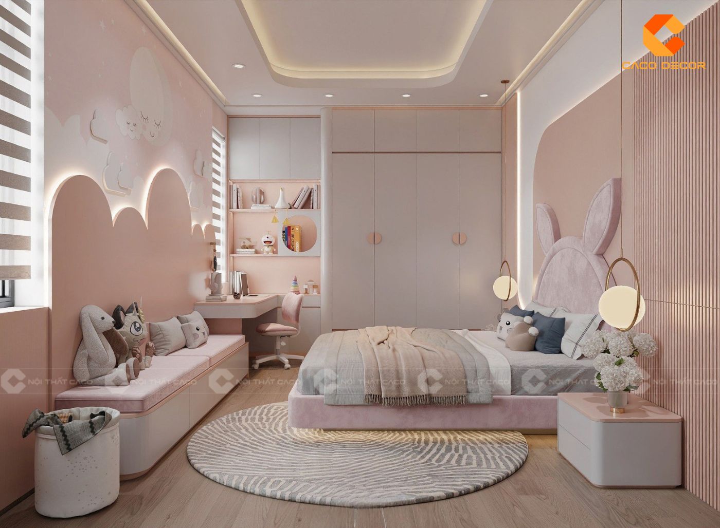 Thiết kế nội thất trẻ em cho phòng bé gái màu hồng
