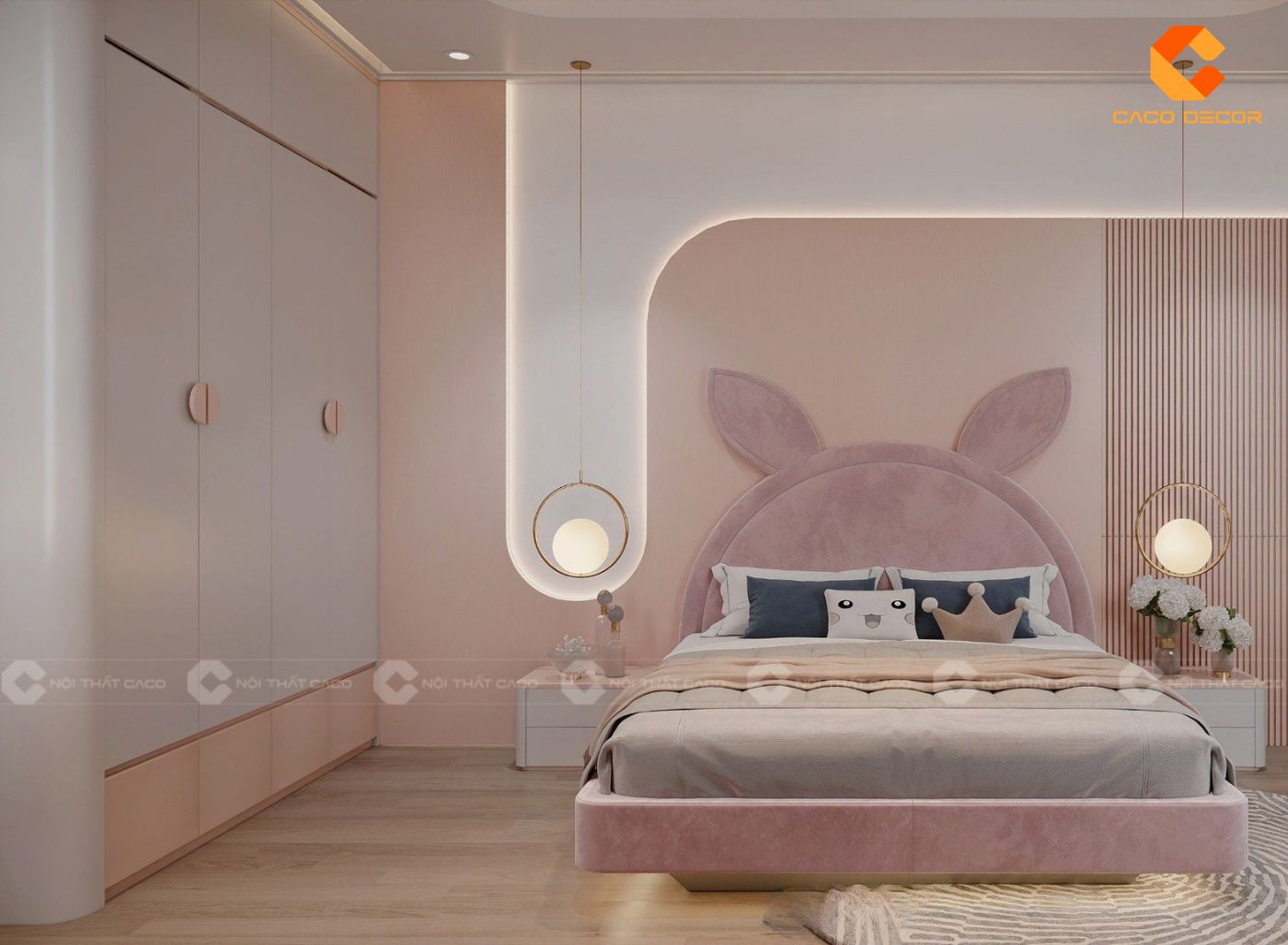 Giường bọc nệm sang trọng dành cho không gian phòng ngủ bé gái