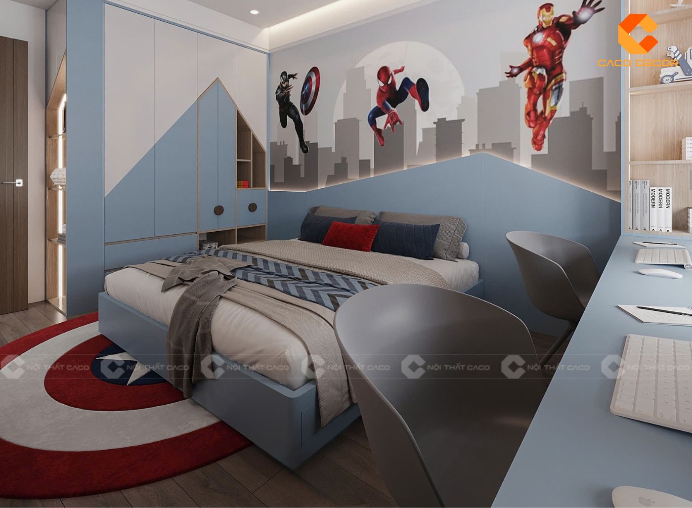 Nội thất phòng bé trai với thiết thảm thiết kế siêu anh hùng