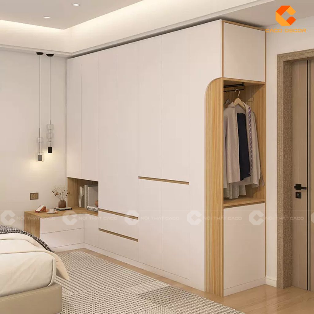 Tủ quần áo gỗ HDF kịch trần màu trắng