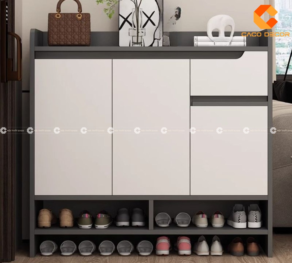 Tủ giày ba cánh màu xám phối trắng