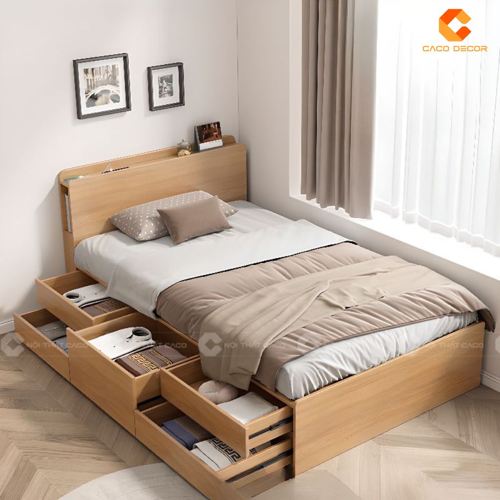 Giường Gỗ Công Nghiệp GN104 Có Ngăn Kéo Hai Bên, Đầu Giường Khoang Chứa Thông Minh – Nội Thất CaCo 2