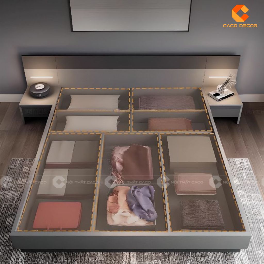Giường Gỗ Công Nghiệp GN105 Màu Xám Hiện Đại, Có Hộc Lưu Trữ Tiện Lợi – Nội Thất CaCo 3