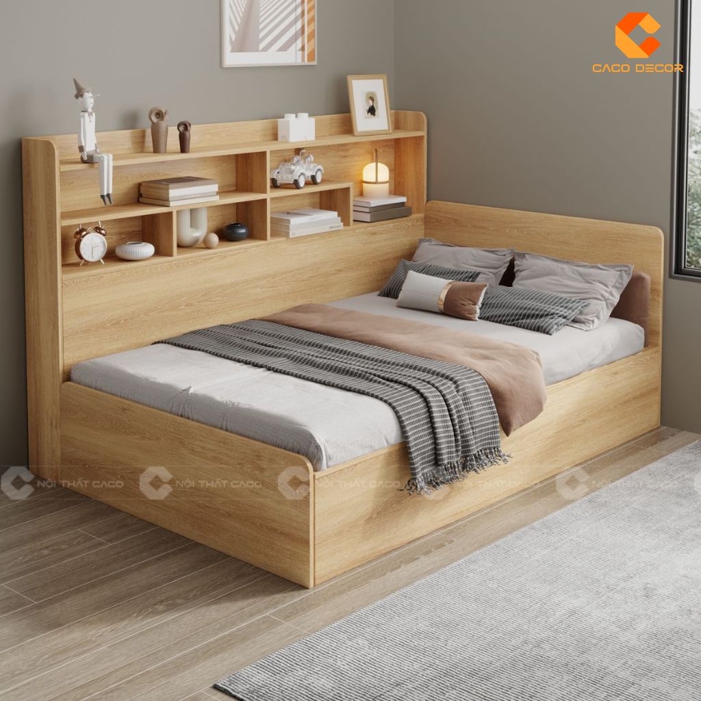 Giường Gỗ Công Nghiệp GN122 Tích Hợp Kệ Trang Trí Đầu Giường, Siêu Tiện Dụng 1