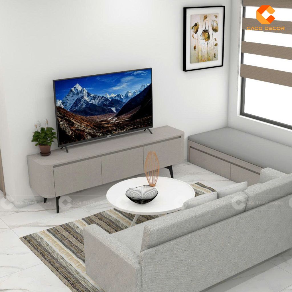 Hình ảnh 3D kệ tivi phòng khách khi bàn giao