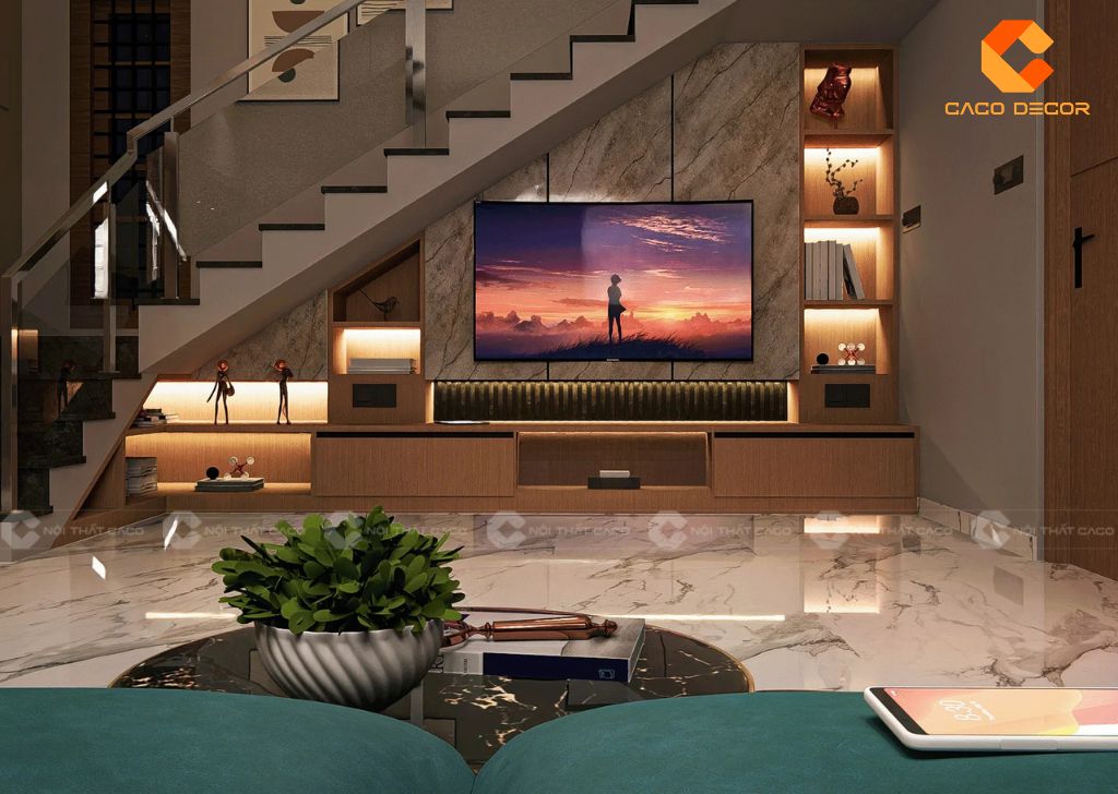 25+ Mẫu Kệ Tivi Gầm Cầu Thang Đẹp, Hiện Đại Cho Nhà Phố 16