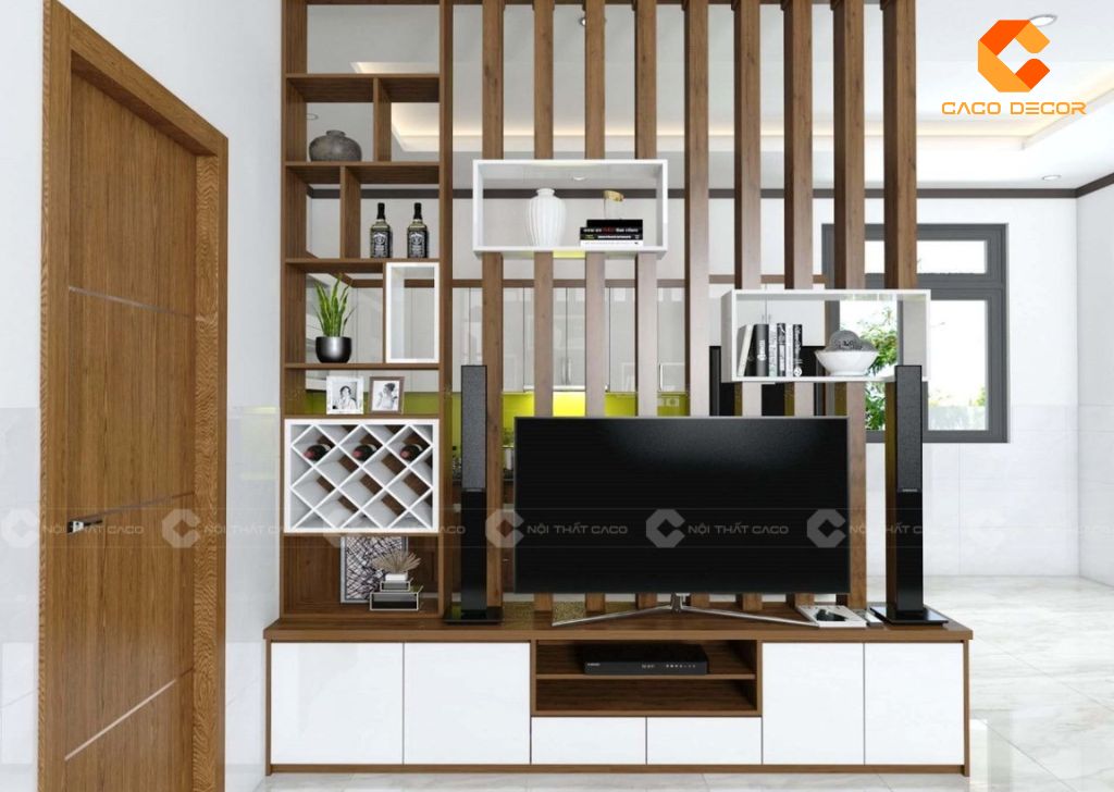 Mẫu kệ tivi vách ngăn phòng khách màu nâu trắng