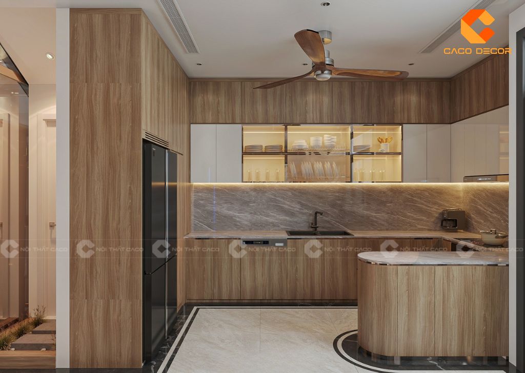 Mẫu tủ bếp gỗ tự nhiên phong cách hiện đại