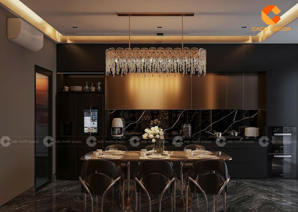 Mẫu tủ bếp màu đen kết hợp mặt đá đen vân mây