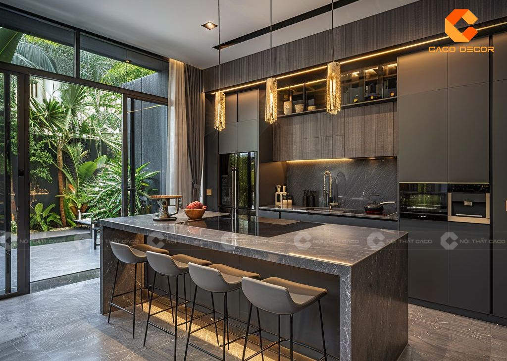 Mẫu tủ bếp gỗ công nghiệp màu đen đẹp