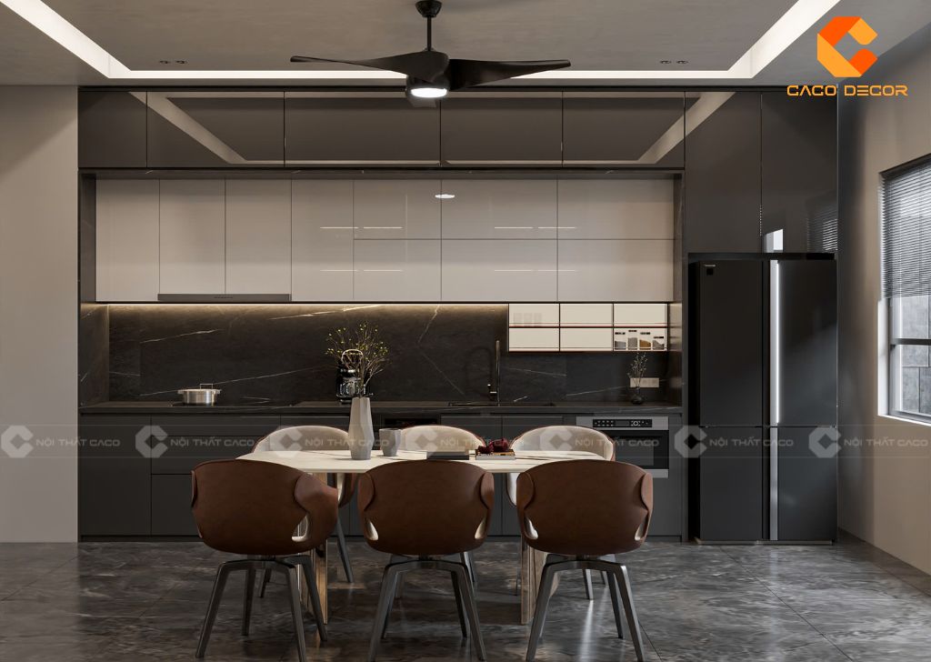 Mẫu tủ bếp phối trắng đen acrylic