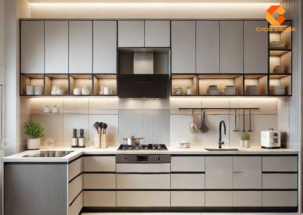 Mẫu tủ bếp màu trắng chữ L nhiều hộc tủ led