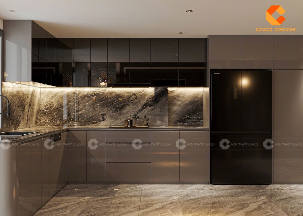 Mẫu tủ bếp màu đen chữ L