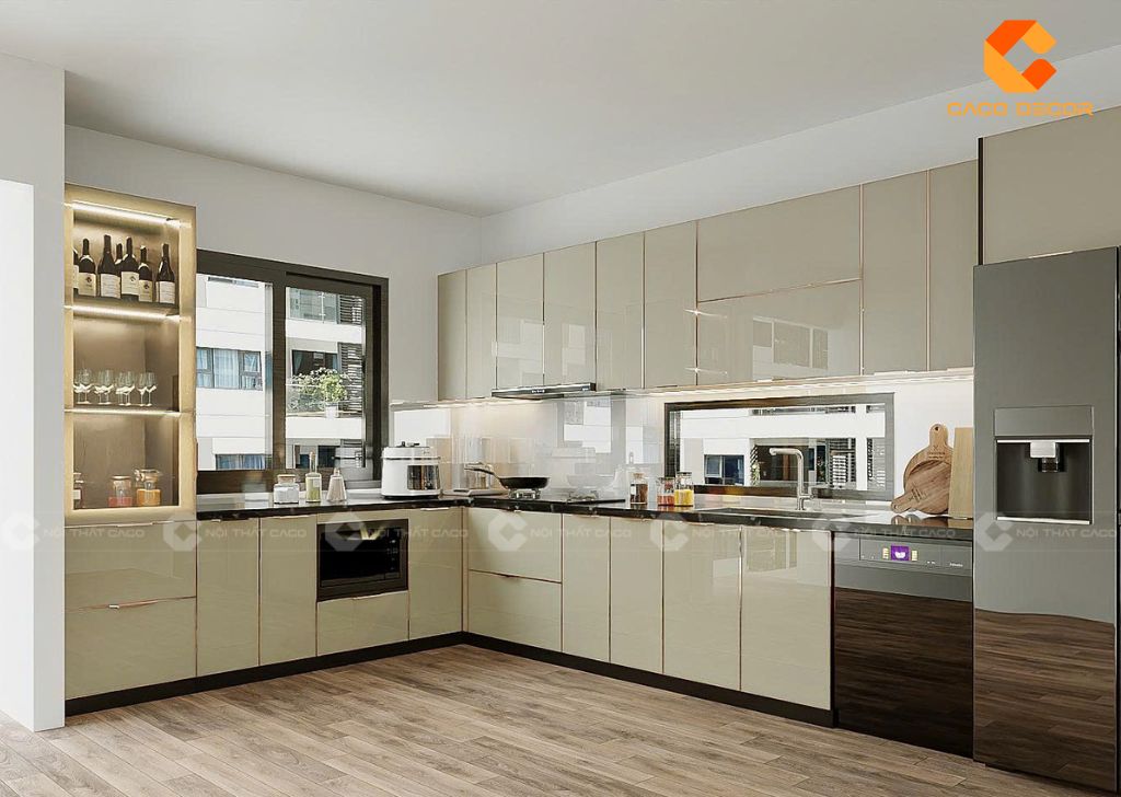 Mẫu tủ bếp màu trắng chữ L phủ acrylic