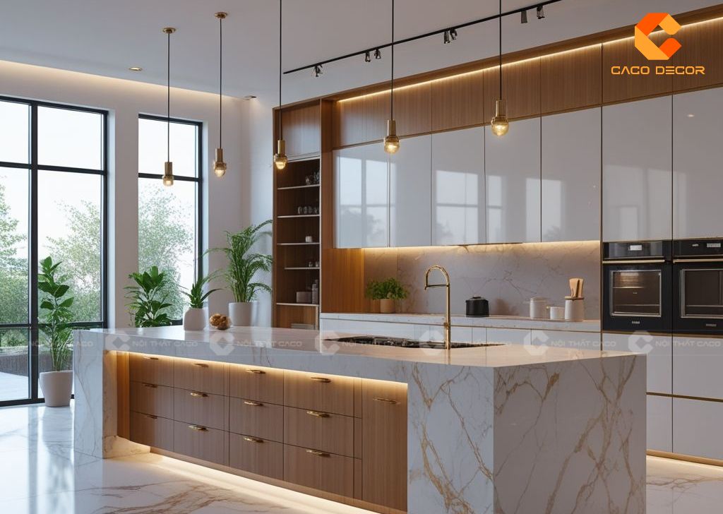 Mẫu tủ bếp acrylic kết hợp đá trắng vân mây