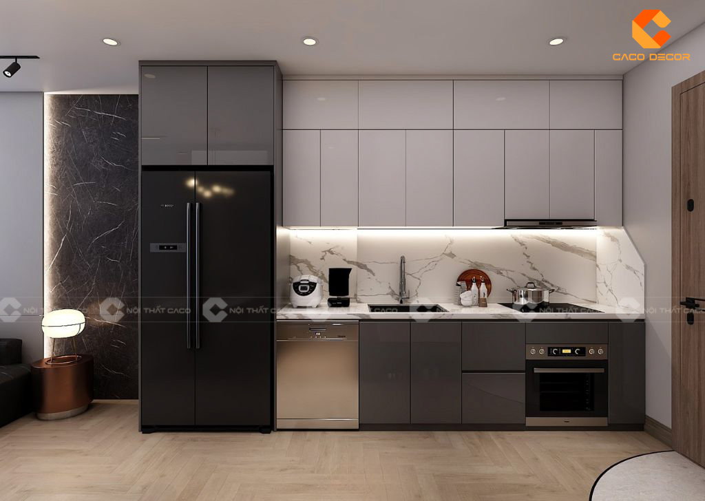 Mẫu tủ bếp chữ I cao cấp kết hợp mặt đá trắng vân mây
