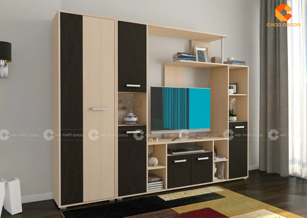 Mẫu tủ kết hợp kệ tivi phối màu đen vàng sang trọng