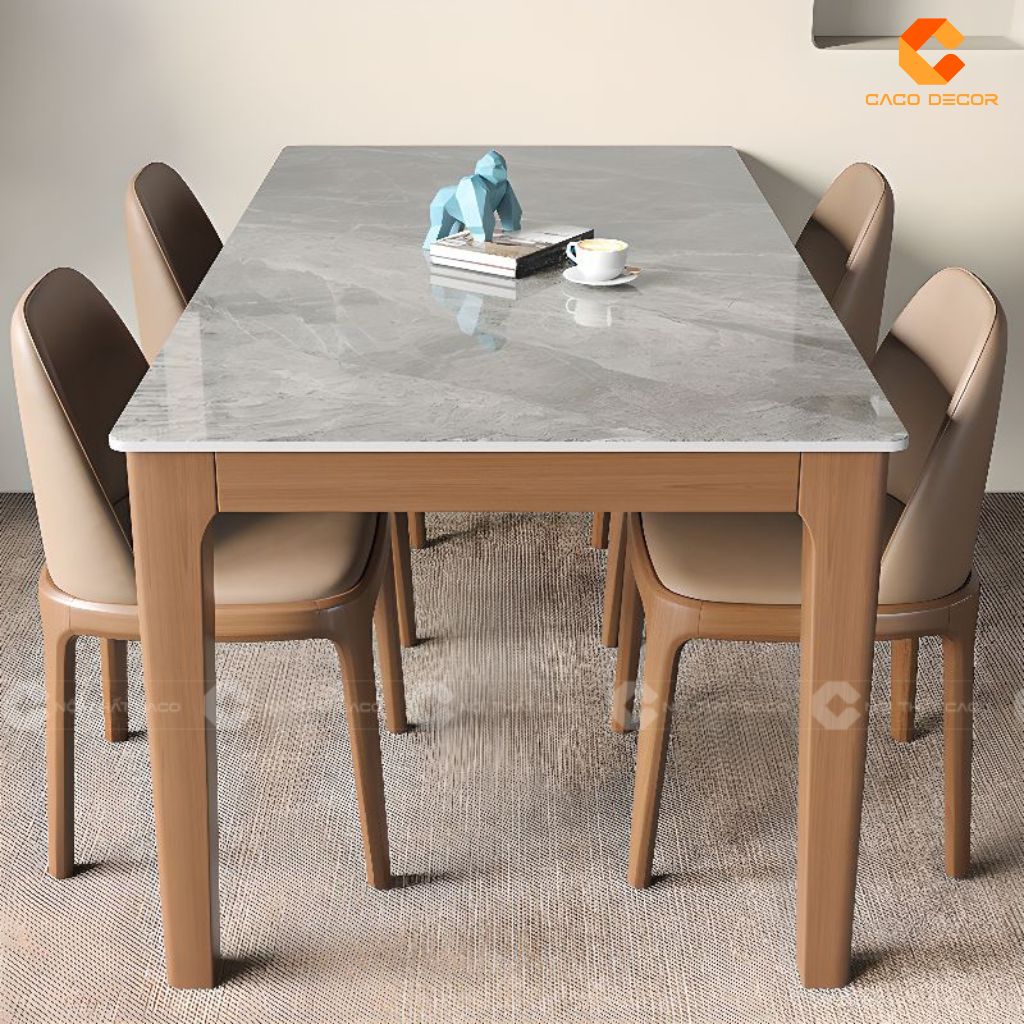 Bàn ăn gỗ tự nhiên BA049 với mặt đá vân mây đẹp