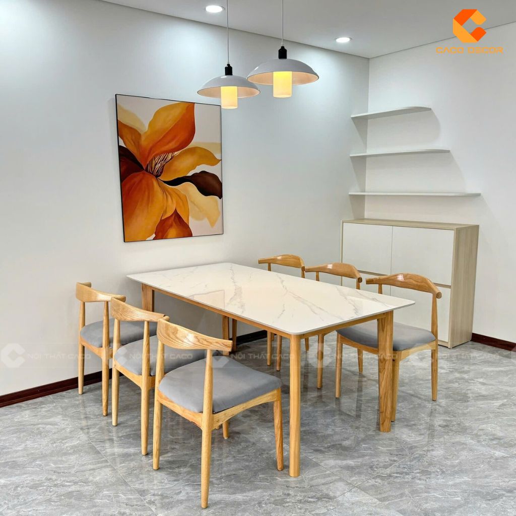 Bàn ăn gỗ tự nhiên BA053 mặt đá vân mây sang trọng