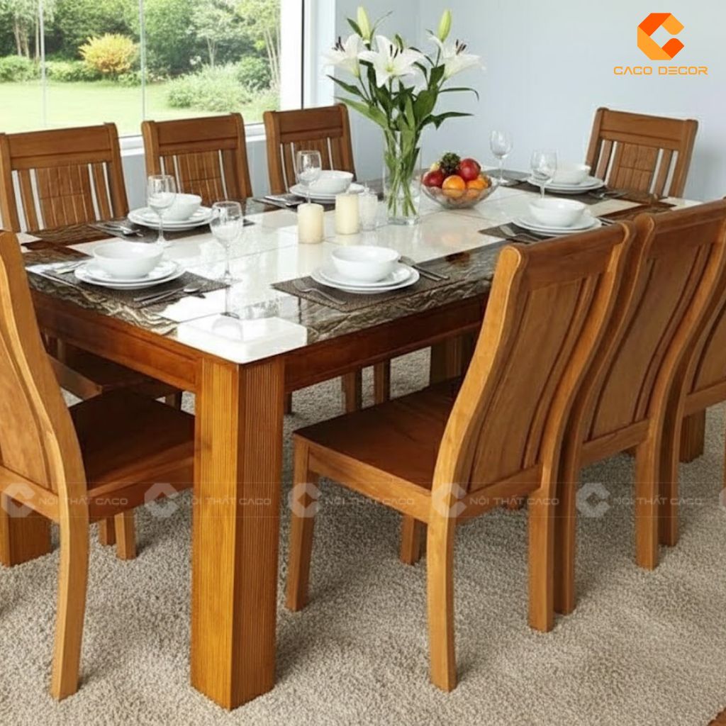 Bộ Bàn Ăn Gỗ Tự Nhiên BA056 Mặt Đá Sang Trọng & Ghế Gỗ Bền Bỉ Theo Thời Gian 1