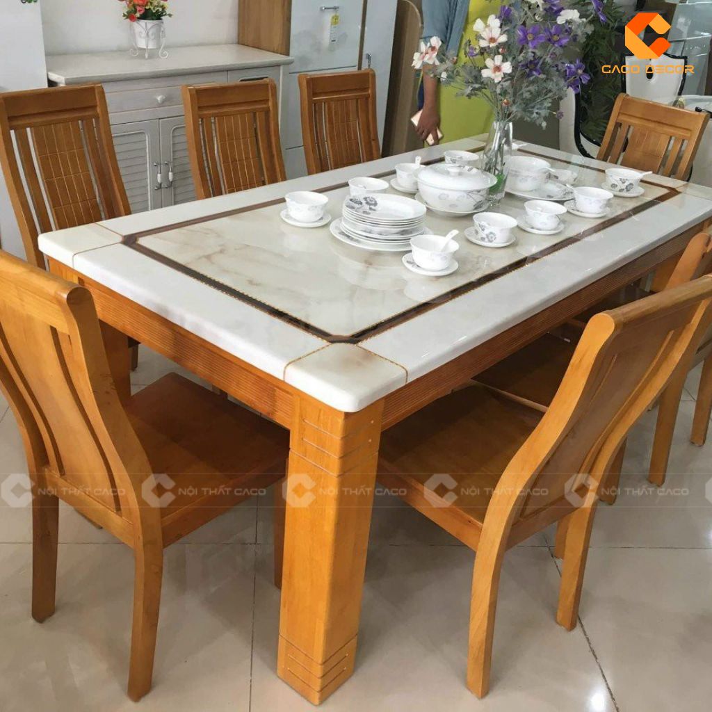 Bộ Bàn Ăn Gỗ Tự Nhiên BA056 Mặt Đá Sang Trọng & Ghế Gỗ Bền Bỉ Theo Thời Gian 2