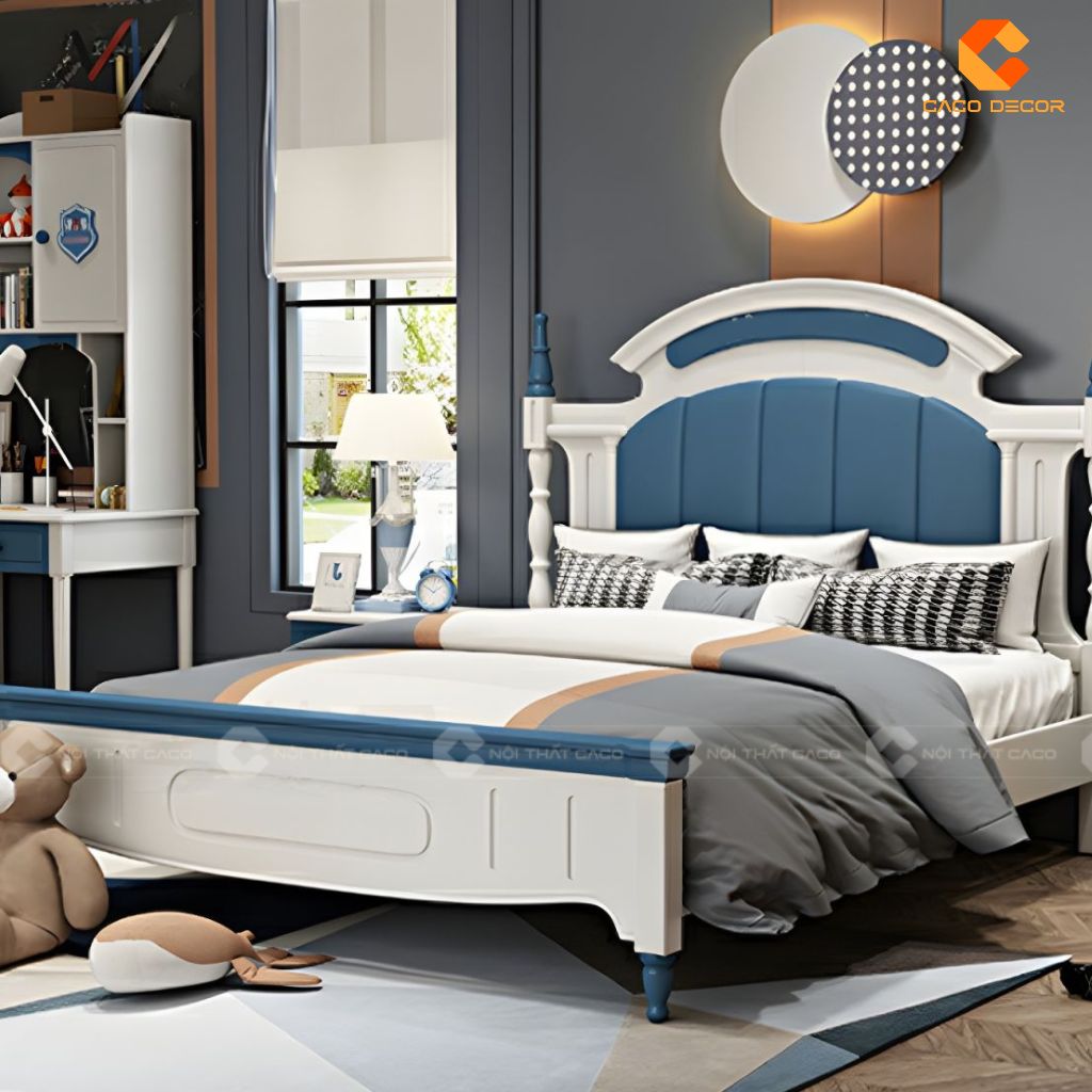 Giường ngủ trẻ em GNTE043 xanh trắng thời thượng