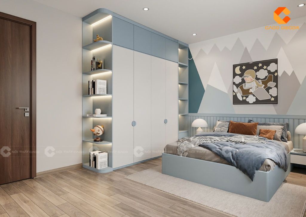 Thiết kế phòng trẻ em màu xanh trắng