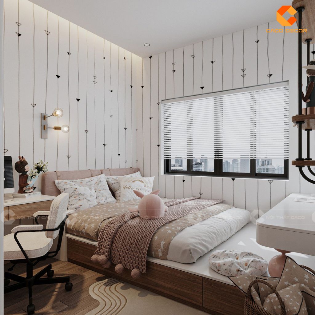 Phòng Ngủ Trẻ Em PNTE090 Sắc Hồng Ngọt Ngào & Thiết Kế Kệ Treo Cá Tính 1