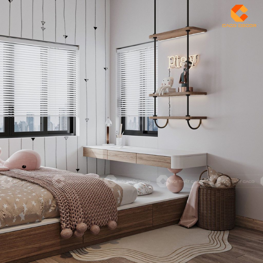 Phòng Ngủ Trẻ Em PNTE090 Sắc Hồng Ngọt Ngào & Thiết Kế Kệ Treo Cá Tính 2