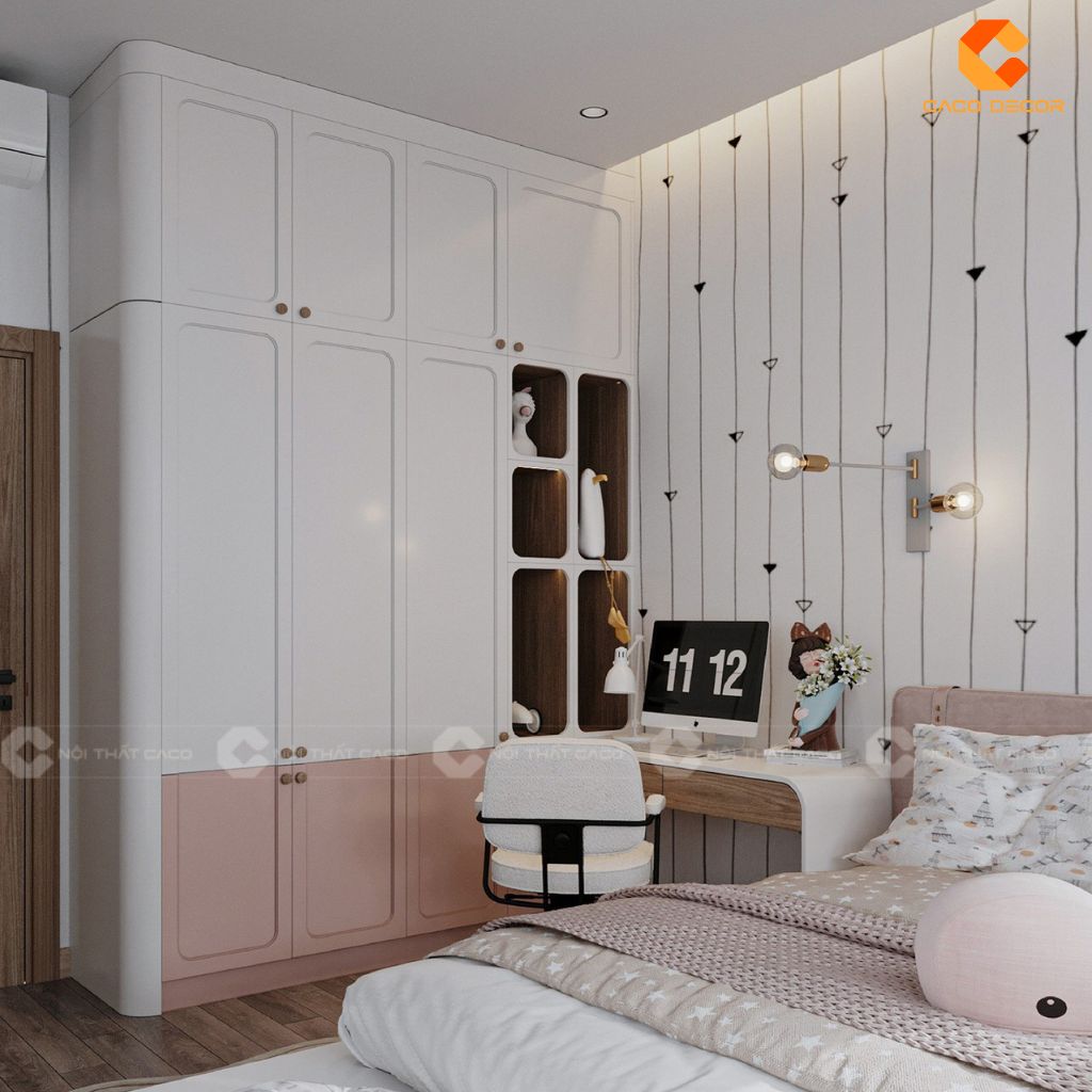 Phòng Ngủ Trẻ Em PNTE090 Sắc Hồng Ngọt Ngào & Thiết Kế Kệ Treo Cá Tính 4