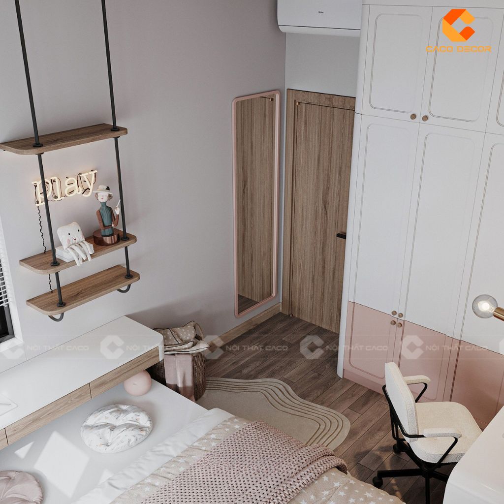 Phòng Ngủ Trẻ Em PNTE090 Sắc Hồng Ngọt Ngào & Thiết Kế Kệ Treo Cá Tính 5
