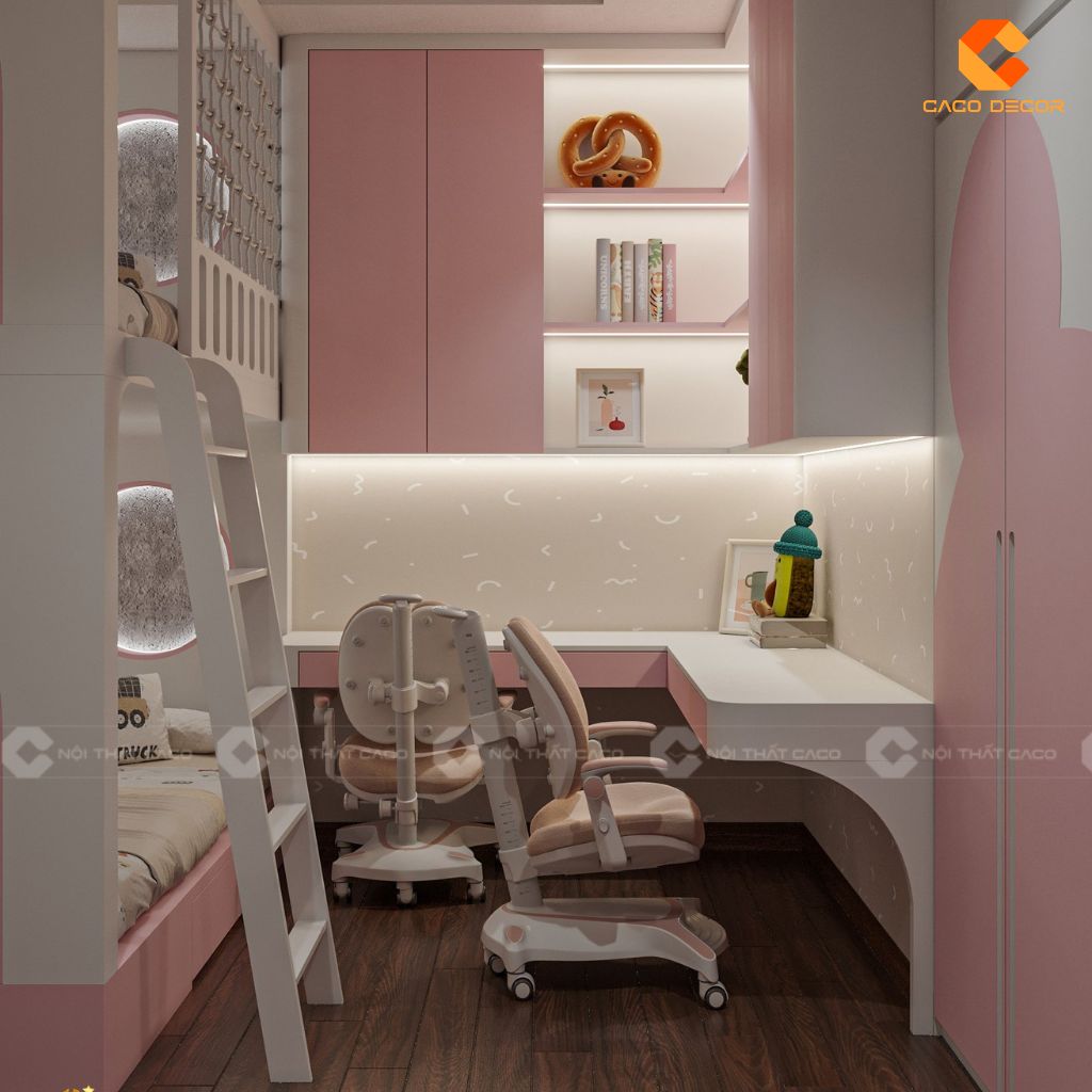 Phòng Ngủ Trẻ Em PNTE092 Giường Tầng Cửa Vòm & Góc Học Tập Đôi Lý Tưởng 3