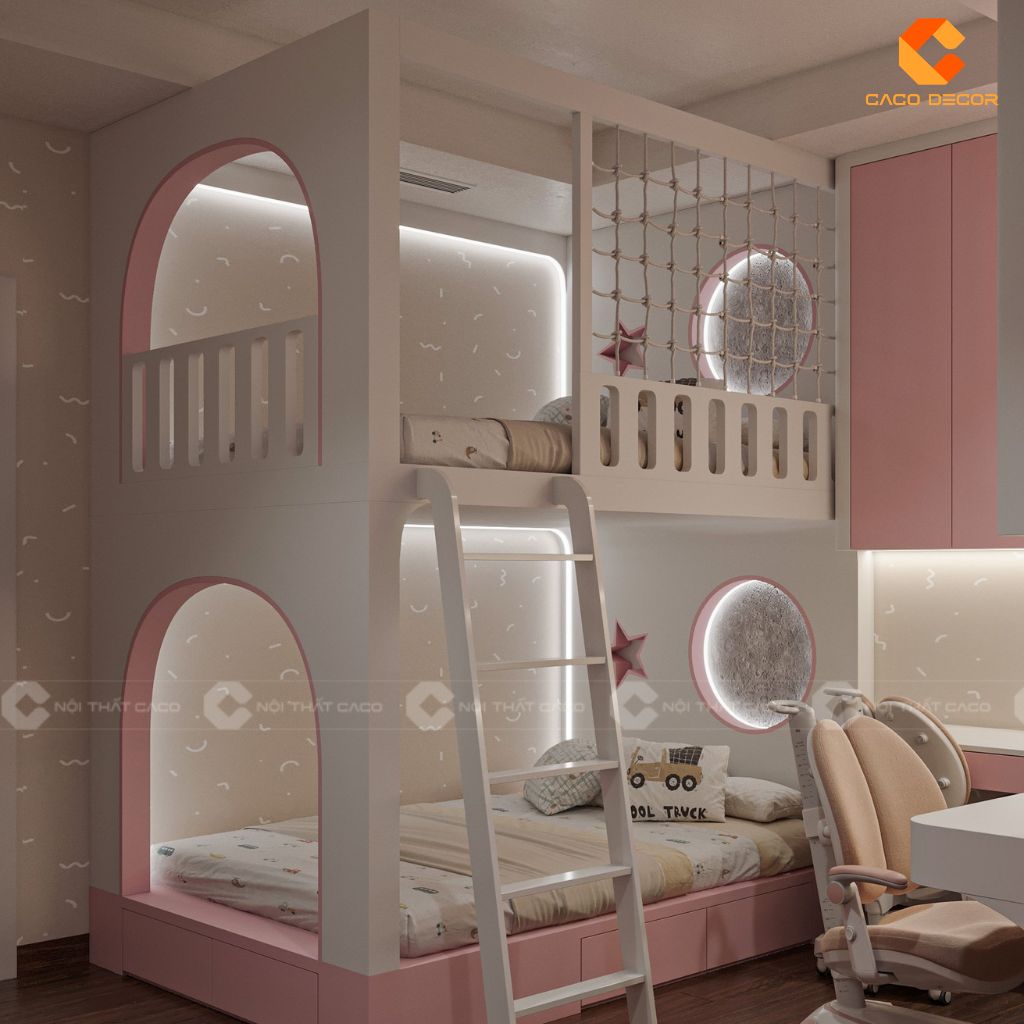 Phòng Ngủ Trẻ Em PNTE092 Giường Tầng Cửa Vòm & Góc Học Tập Đôi Lý Tưởng 4