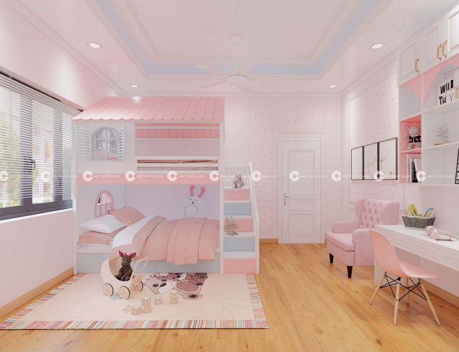 Thiết kế thi công nội thất phòng trẻ em màu hồng pastel cho bé gái tại quận 12