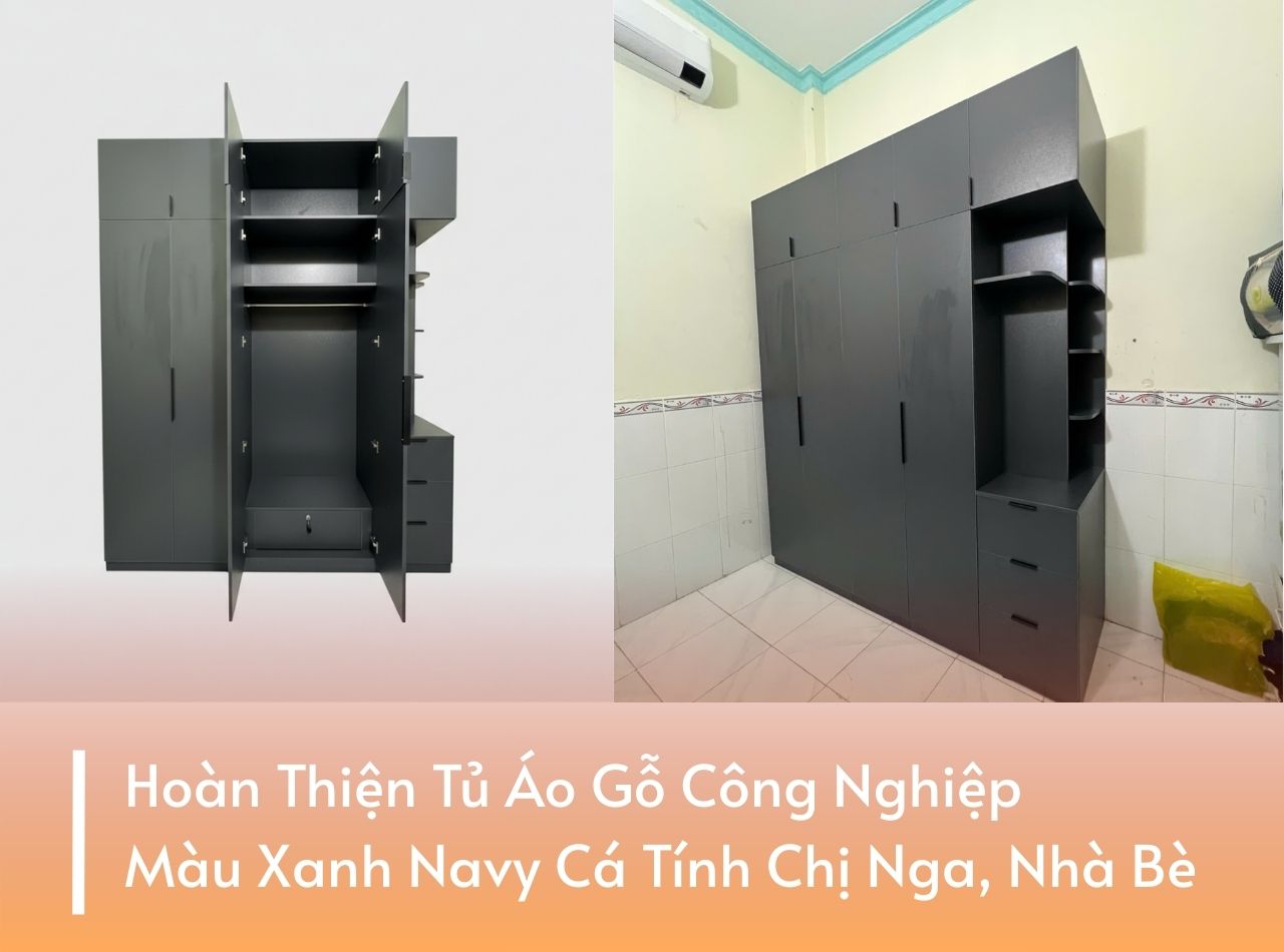 Hoàn Thiện Tủ Áo Gỗ Công Nghiệp Màu Xanh Navy Cá Tính – Chị Nga, Nhà Bè