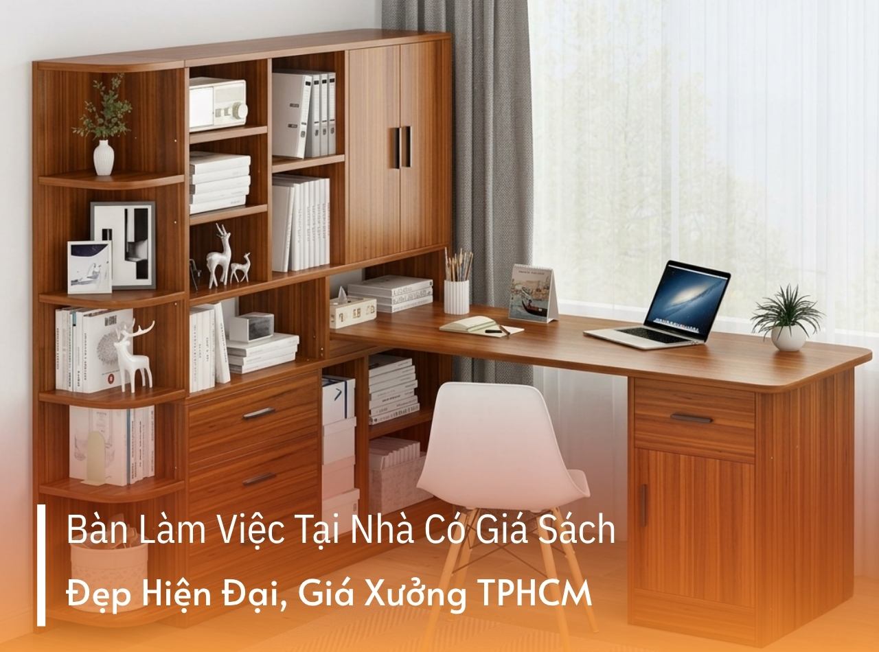 Mẫu Bàn Làm Việc Tại Nhà Có Giá Sách Đẹp, Sản Xuất Tại Xưởng