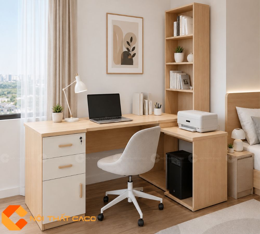Bàn Làm Việc Tại Nhà Gỗ MDF Chữ L Có Kệ Sách BLV019